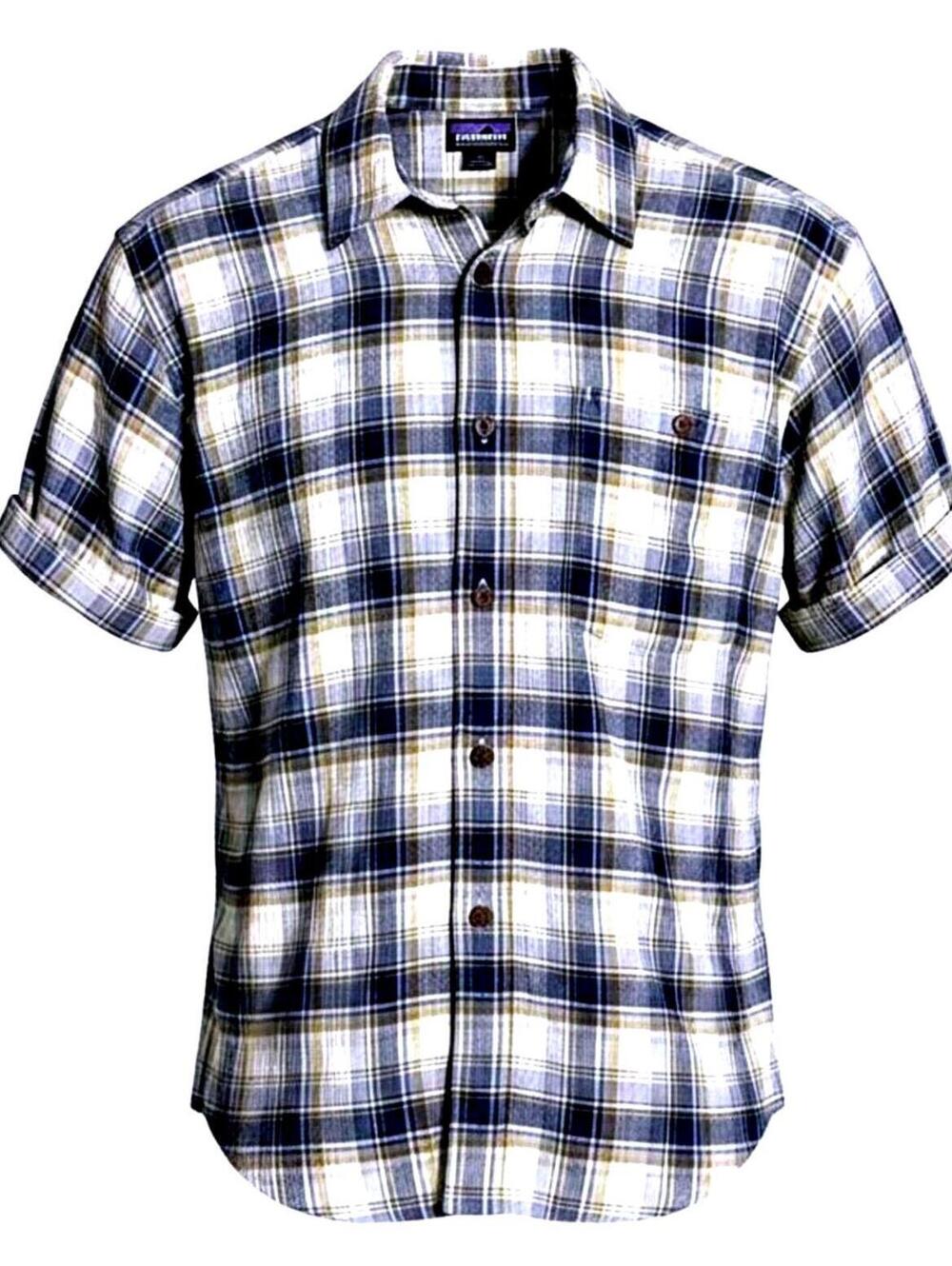 PATAGONIA Mens (L) Blue/White 100% Cotton Crinkle-Weave Plaid Short-Sleeve Shirt
